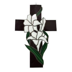 Stained Glass Easter Cross with Lily's Sun Catcher 14”